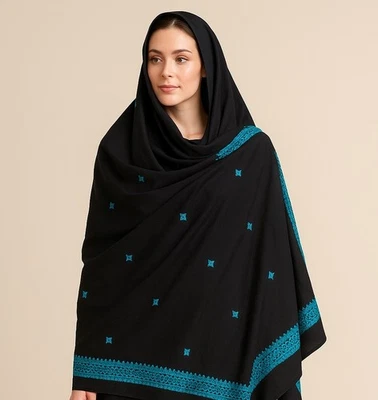 Vintage Sheer Cotton Shawl Pashmina Black Hand Embroidered Art to Wear XXL 90x36 - Image 1 of 4