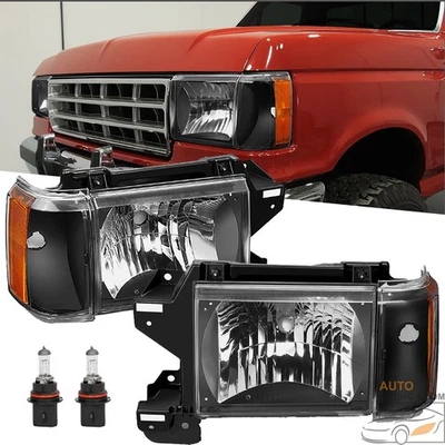 Black Headlight For 1987-1991 Ford F150 F250 Bronco Truck w/ Bulbs Left & Right - Image 1 of 4