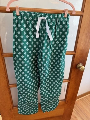 J.Crew Pajama Pants LP Green White Print 100% Cotton Drawstring Lounge Sleepwear - Image 1 of 4