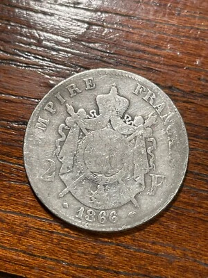 Francia 2 Francos 1866 BB Napoleón III Laureado Cabeza PLATA (10-30/64) Foto 1 de 2