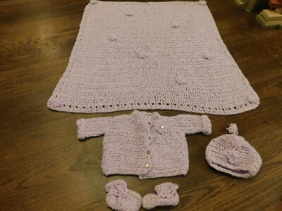 Vtg Crochet Baby Set Lot Blanket Sweater Hat Booties w flowers Shower Gift - Image 1 of 4
