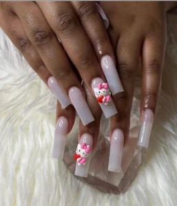 Handmade Hello Kitty Milky White Square Hard Gel Press On Nails - Picture 1 of 2