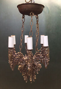 Antique 6 Light Heavy Ornate Cast Brass Chandelier Ceiling Light ~ Faces, Birds