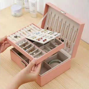 Jewelry Box 2-Layer Organizer Case Large Storage Necklace Ring Organizer Leather - Picture 1 of 13