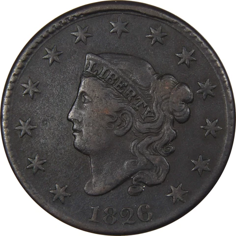 1826 Coronet Head Large Cent F Fine Copper Penny 1c SKU:IPC9942 Cover