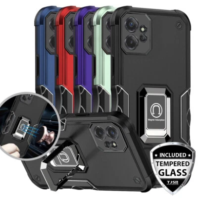 TJS For Moto G Power 5G 2023 Ring Case Defender Magnetic Stand Cover +Tempered Glass