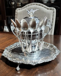 Vintage Warren Plate Co. Silberteller Zuckerdose Vogel Endstück mit 6 Löffeln - Bild 1 von 19