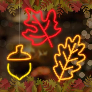 3 Stück Herbst Leuchtreklame, Ahornblatt Eichel Neon LED Lichter Erntedanklichter USB W - Bild 1 von 6