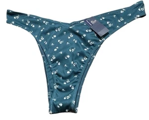 Hollister Swim Womens Teal Floral Bikini Bottom Ribbed High-Cut Thong Style XXL - Picture 1 of 9