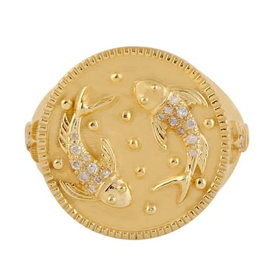Natural Diamond 14k Yellow Gold Pisces Sign Zodiac Ring Handmade Jewelry - Image 1 of 4