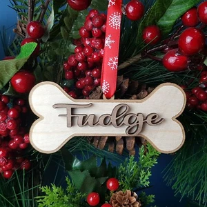 Christmas Tree Ornament, Dog Bone Name Xmas Hanger, Personalised Puppy Bauble - Picture 1 of 7
