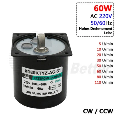 Mini 60W AC220V Metall Getriebemotor Wechselstrom Synchronmotor Hoch Drehmoment - Bild 1 von 4