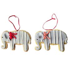 Gray Elephant Clay Sugar Cookie Gingerbread Striped Christmas Ornament Set of 2