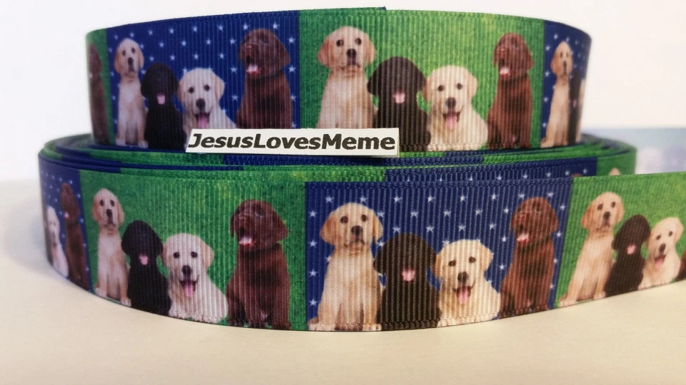 Grosgrain Ribbon, Labrador Retriever Puppies Dogs Black Chocolate Blond, 1" Wide - Image 1 of 1