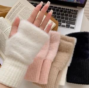 Women's Plush Half Finger Gloves, Imitation Mink Fur, Knitted, Warm, Elastic, So - Picture 1 of 4