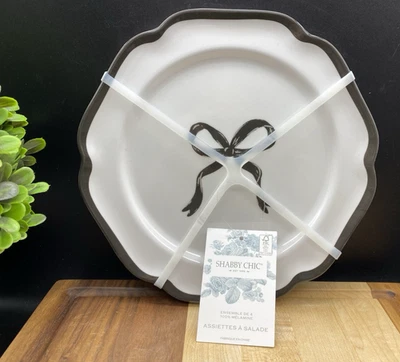 Shabby Chic Black & White Coquette Ribbon Bows 8.5" Salad Plates (SET OF 4) NEW - Image 1 of 4