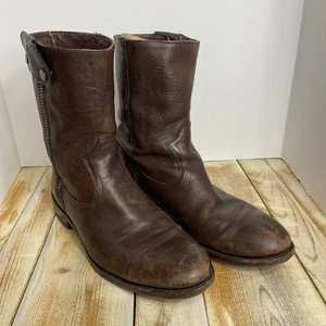 Frye Men's 87665 Brown Leather Side Zip Ankle Western Biker Boots Size 10.5 D. - Picture 1 of 15