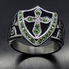 Exclusive Men's Green Cubic Zirconia Cross Shield 316L Stainless Steel Ring
