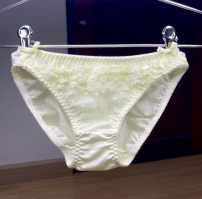 Vtg Slippery Polyester Panty Hi Cut Briefs Sz.5 Yellow Ruffle Nylon Lace Bikini - Image 1 of 4