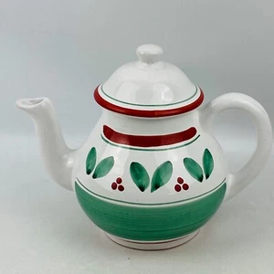Caleca Teapot Red Berries Trim Green Leaves Band Stripe White Hand Painted Italy - Picture 1 of 11