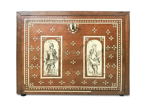 19th c. Italian Marquetry Table Cabinet, Bovine Bone Inlay Roman Figures W/Key Cover