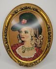 Vintage Embroidered Woman Needlepoint Picture Ornate Oval Frame, 1978 Greece