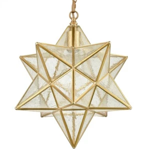 Brass Moravian Star Light in Seeded Glass Pendant Lights Fixture 15 inch - Picture 1 of 8
