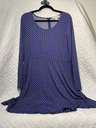 Michael Kors Mini Abito Blu e Viola Geometrico Manica Lunga Elasticizzato Taglia Large