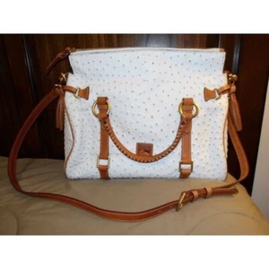 Dooney & Bourke White Ostrich Embossed Leather Satchel, Tan Trim & Gold Hardware - Picture 1 of 6