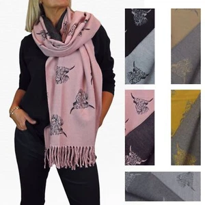 Bufanda chal pashmina de cachemir con diseño de vaca Highland reversible suave para damas - Imagen 1 de 35