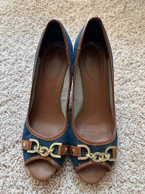 Tommy Hilfiger Tawnisha Peep Toe Lona Corcho Cuña Tacones - Talla 9 Foto 1 de 4