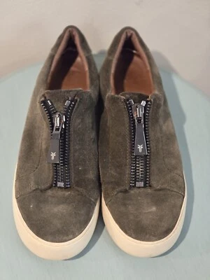 FRYE 女式 8.5 Lena 运动鞋懒人鞋绿色麂皮绒拉链低帮橄榄色休闲 — 第 1/4 张图片