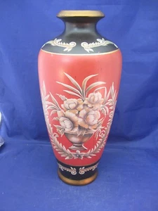 TALL CERAMIC VASE WITH GORGEOUS FLORAL DECORATION. BLACK, MAROON AND GOLD - Picture 1 of 11