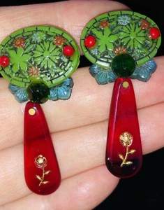 HOTCAKES DESIGN Red and Green Button Earrings With Dangle, Hand Cast Resin - Picture 1 of 6