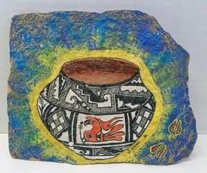 VTG Native American Art Painted Pottery On Sandstone Jeffrey Chino Acoma NM 1986 - Picture 1 of 9