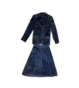 Beged-Or Suede Leather Sz 8 Suit Set Blazer Skirt Navy Blue Mod Retro Career Vtg - Picture 1 of 14