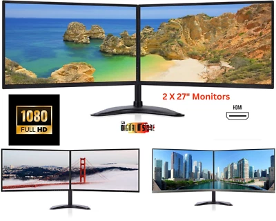 Dual Monitor Screen bundle 2x27" HDMI Monitors IPS Full HD 1920x1080 Dual Stand - Image 1 of 4