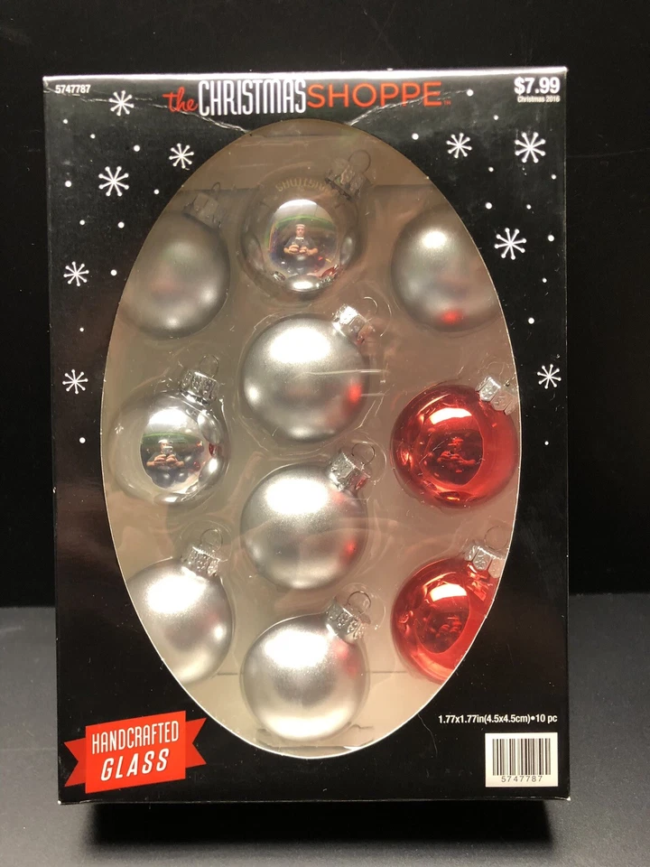 Juego de 10 bolas de vidrio artesanales rojas, blancas y plateadas para adornos de tienda de Navidad Foto 1 de 3
