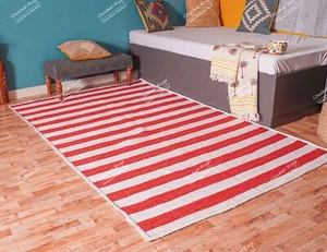 White Jute Rug With Red Stripes Lines, Hand Braided Rectangle Décor Jute Rug - Picture 1 of 8