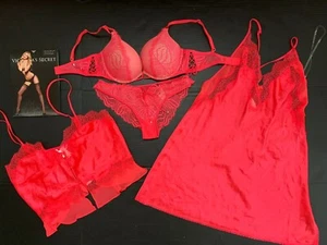 Victoria's Secret 36B BOMBSHELL BRA SET+L SLIP CORAL RED PINK lace VERY SEXY - Picture 1 of 10