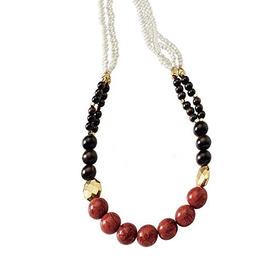 Collar Coral Rojo, Cuentas de Madera, Porcelana y Cuentas de Metal Chapado en Oro Foto 1 de 1