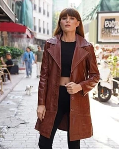 Brauner Leder Trenchcoat für Damen, langer Mantel für Damen weiche Lederjacke - Bild 1 von 9