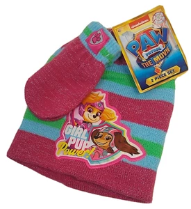 Paw Patrol Mütze gestreift und rosa Fäustlinge Silber Glitzer Neu 1 Größe - Bild 1 von 4
