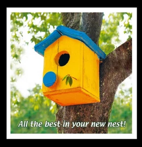 New Home Card Whimsical Design All The Best In Your New Nest! Yellow Bird Box. - Picture 1 of 1