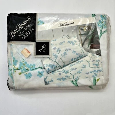 Lady Pepperell Twin Flat Sheet Muslin Blue Floral Butterfly Cottage Core Vintage - Image 1 of 4