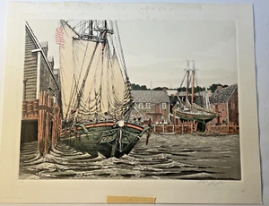 Alan Jay Gaines "The Lookout" acquaforte colorata con certificato di autenticità firmato 1981 Sailing Mass. - Foto 1 di 13