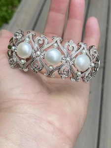 Dallas Prince Sterling Silver Button Cultured Pearl & Diamond Accent Bangle - Picture 1 of 10