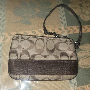 Coach Signature Stripe Wristlet Khaki & Brown Fabric w/Leather Trim  - Picture 1 of 9