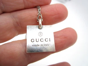 Estate Sterling Silver Gucci Trademark Classic Logo Square Tag Pendant Necklace - Picture 1 of 4