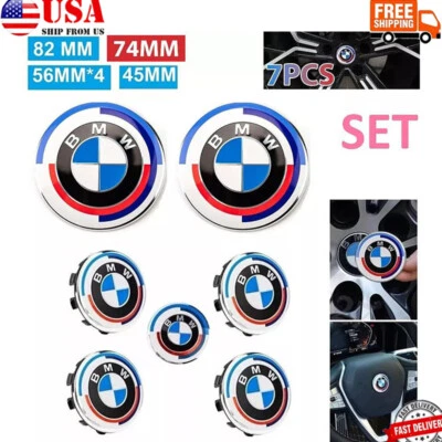 7Pcs BMW 50th Anniversary Emblem Centre Caps Badges Set 82mm 74mm 4x56mm 45mm M - Image 1 of 3